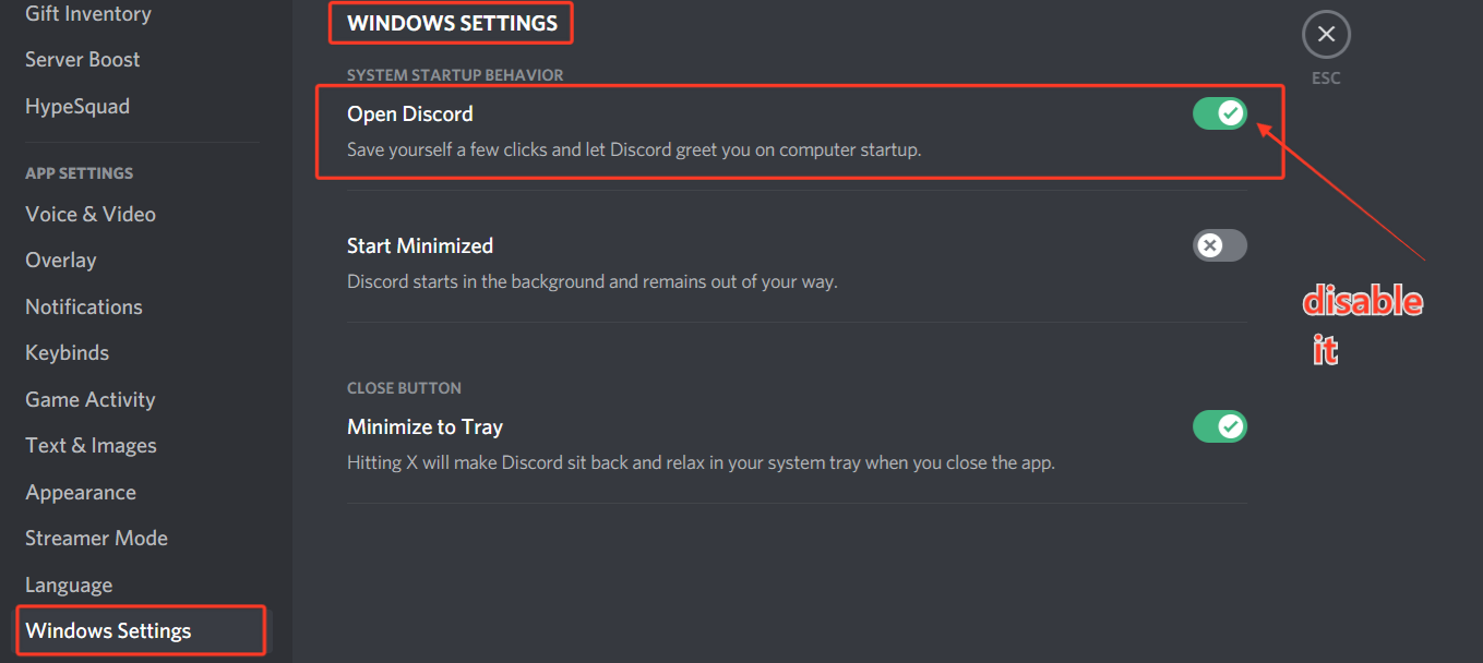disable auto-start option in discord to stop it from opening on startup